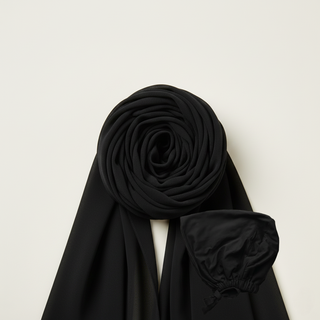Chusta Hijab z pasującym czepkiem SATIN | Szyfon | CAVIAR