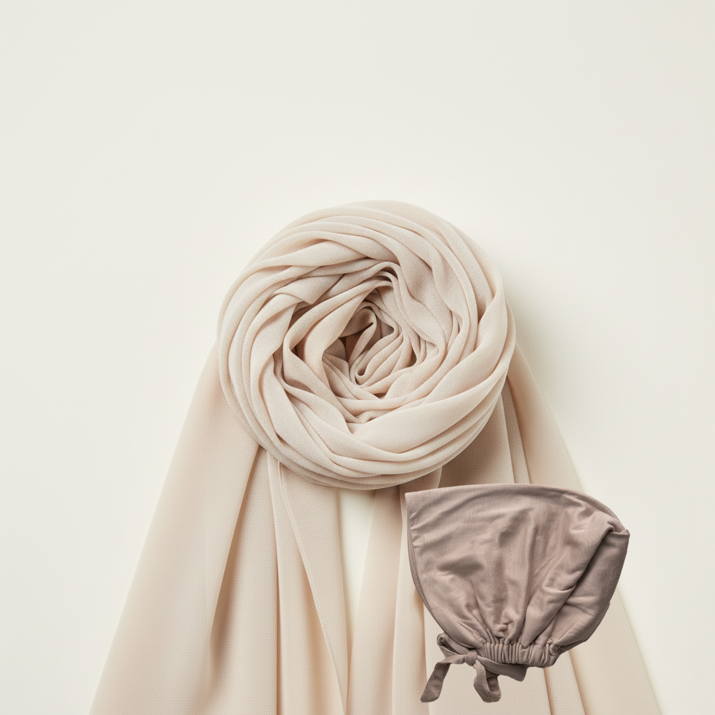 Chusta Hijab z pasującym czepkiem SATIN | Szyfon | SEASHELL