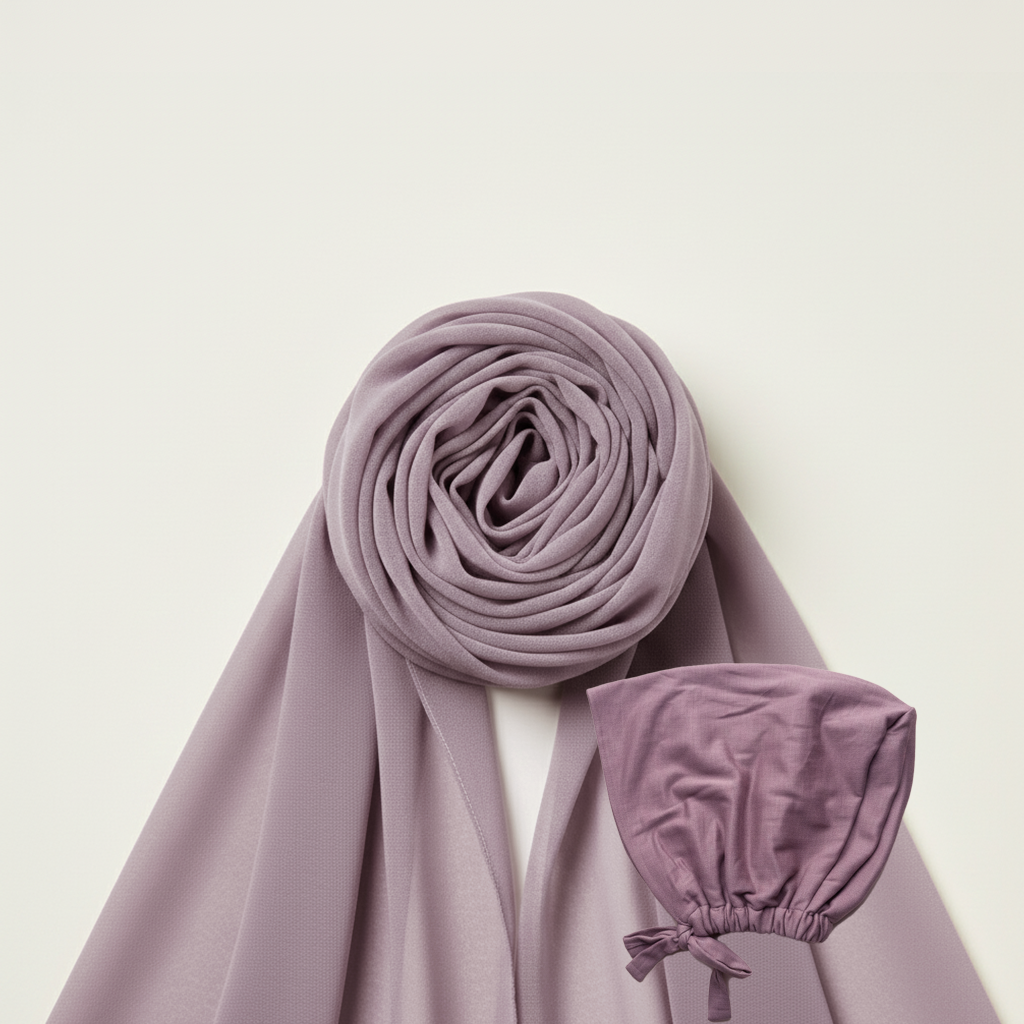 Chusta Hijab z pasującym czepkiem SATIN | Szyfon | SOFT ORCHID