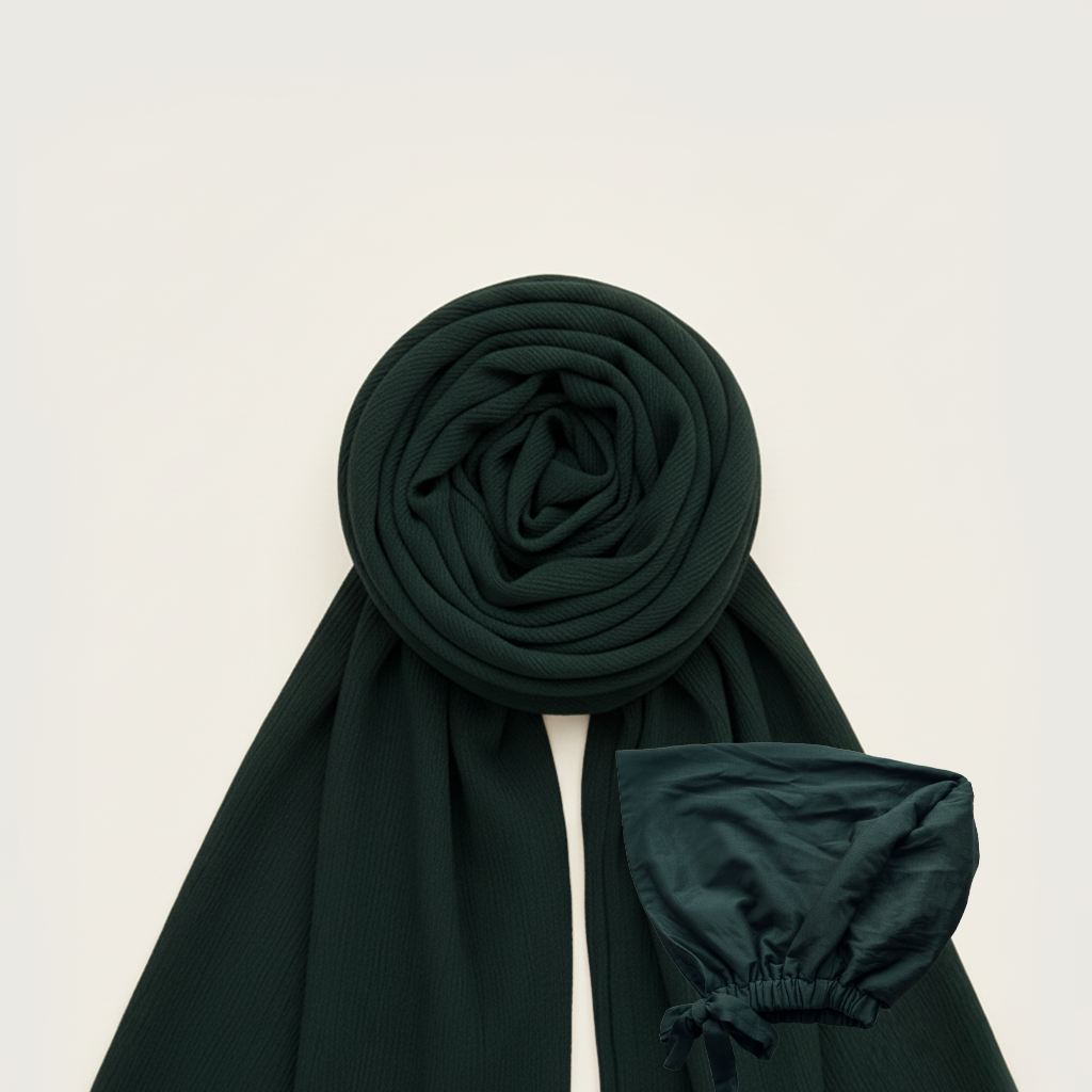 Chusta Hijab z pasującym czepkiem SATIN | Szyfon Crinkle  | PEACOCK GREEN
