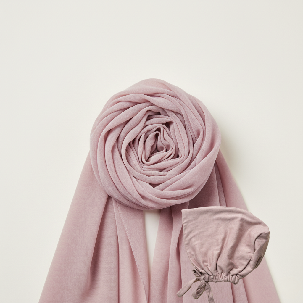 Chusta Hijab z pasującym czepkiem SATIN | Szyfon | PINK PUDDING